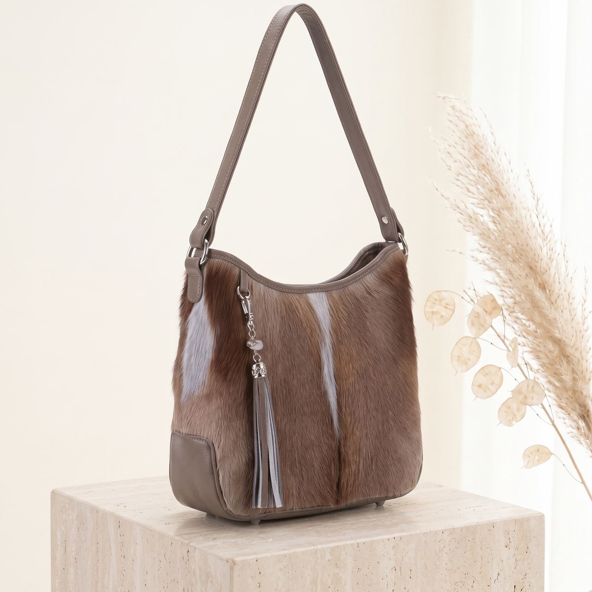Natural Taupe Brown Hair-On Cowhide Leather Shoulder Bag