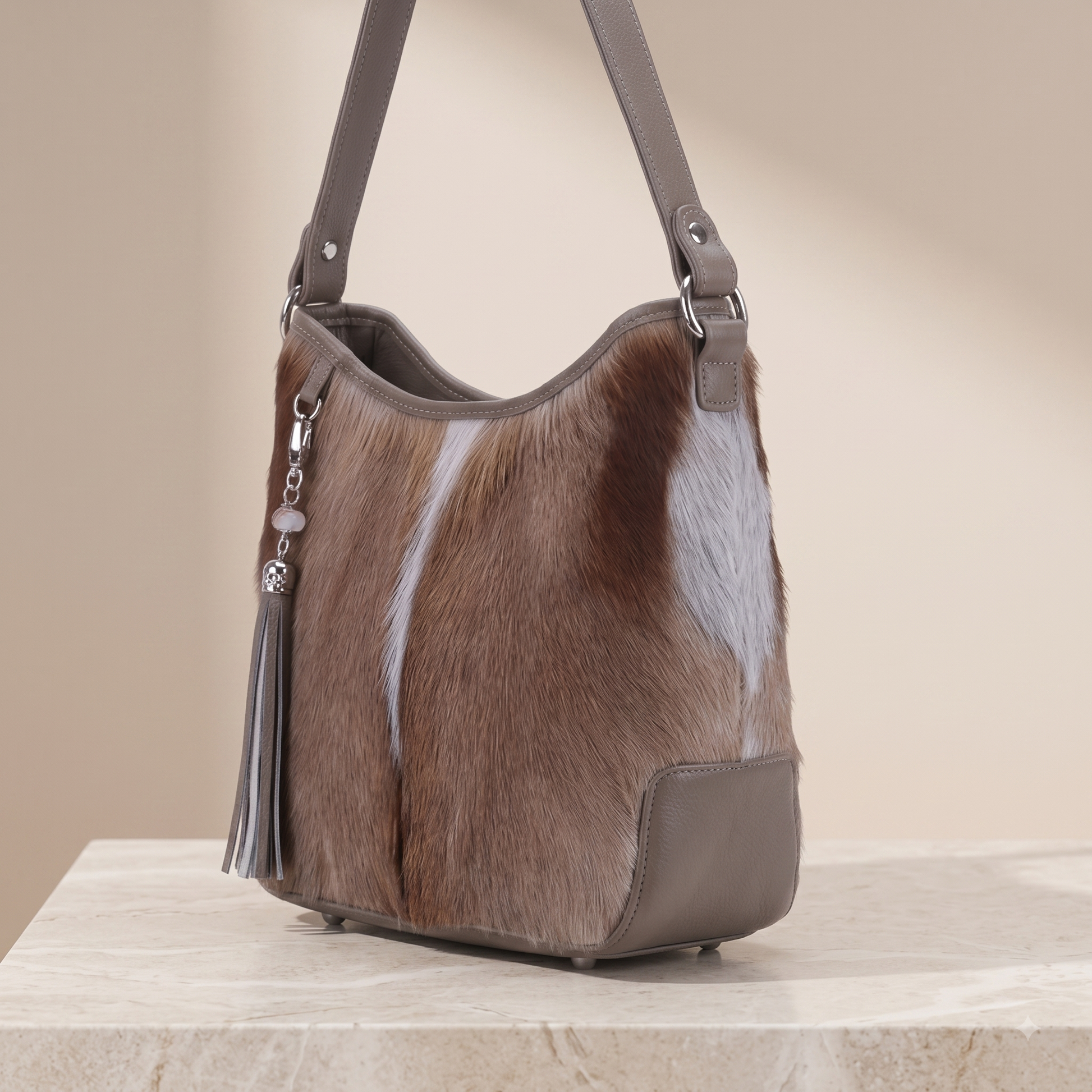 Natural Taupe Brown Hair-On Cowhide Leather Shoulder Bag