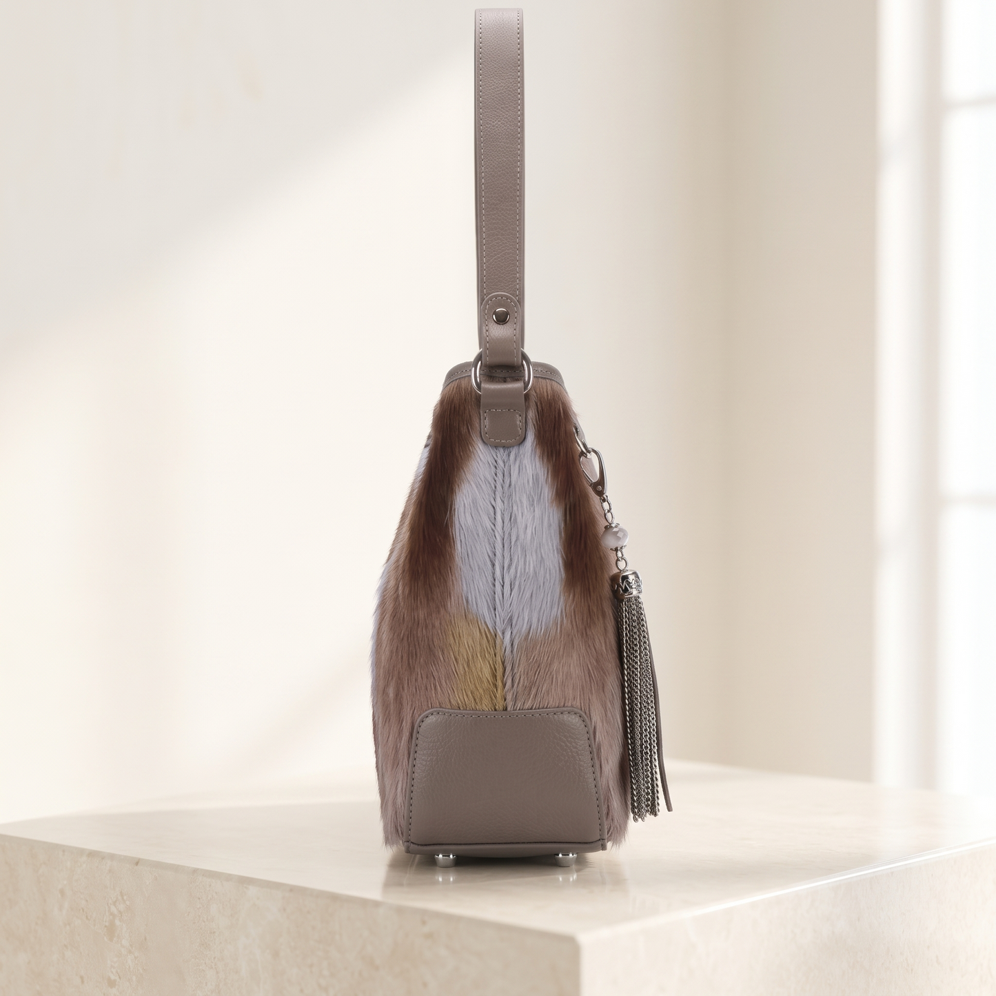 Natural Taupe Brown Hair-On Cowhide Leather Shoulder Bag