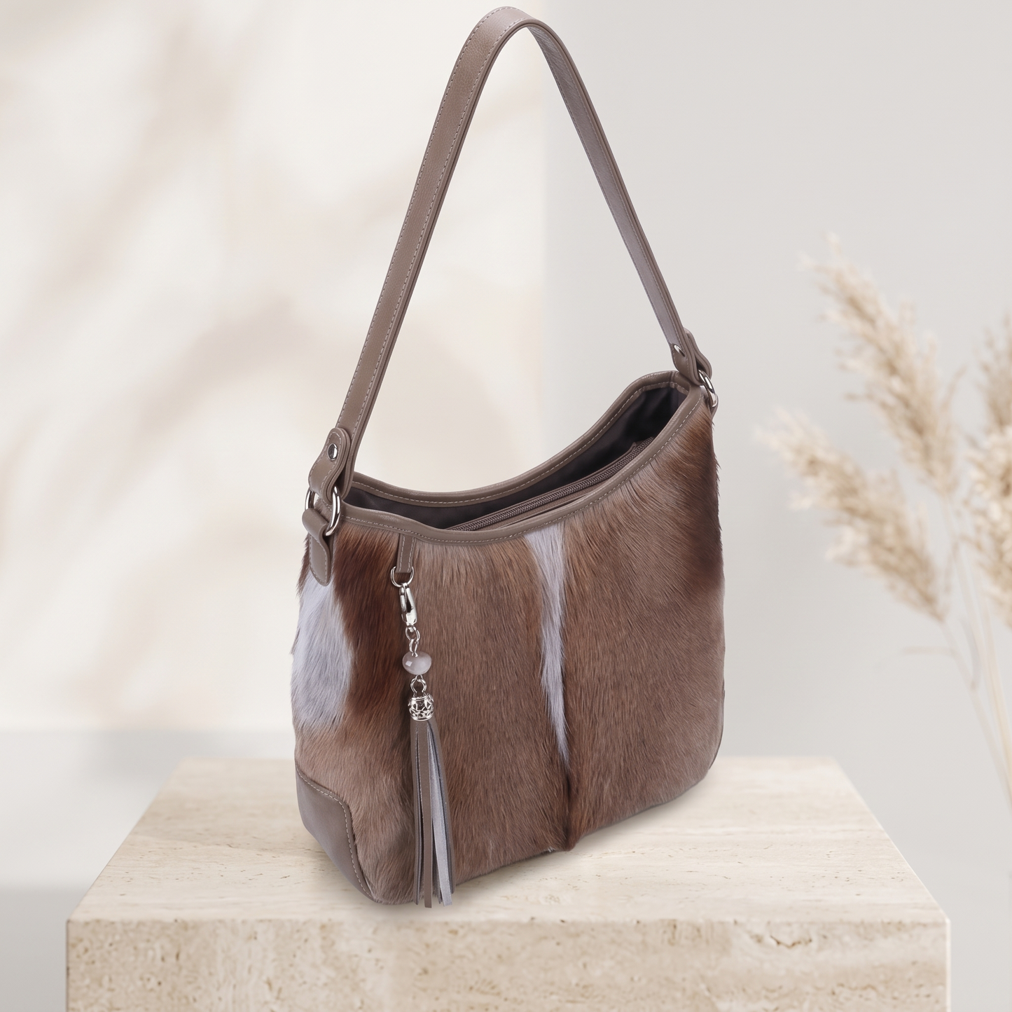 Natural Taupe Brown Hair-On Cowhide Leather Shoulder Bag