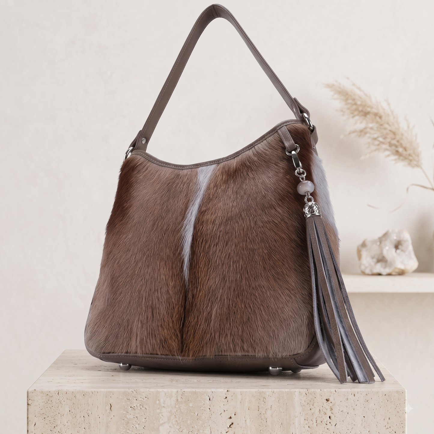 Natural Taupe Brown Hair-On Cowhide Leather Shoulder Bag
