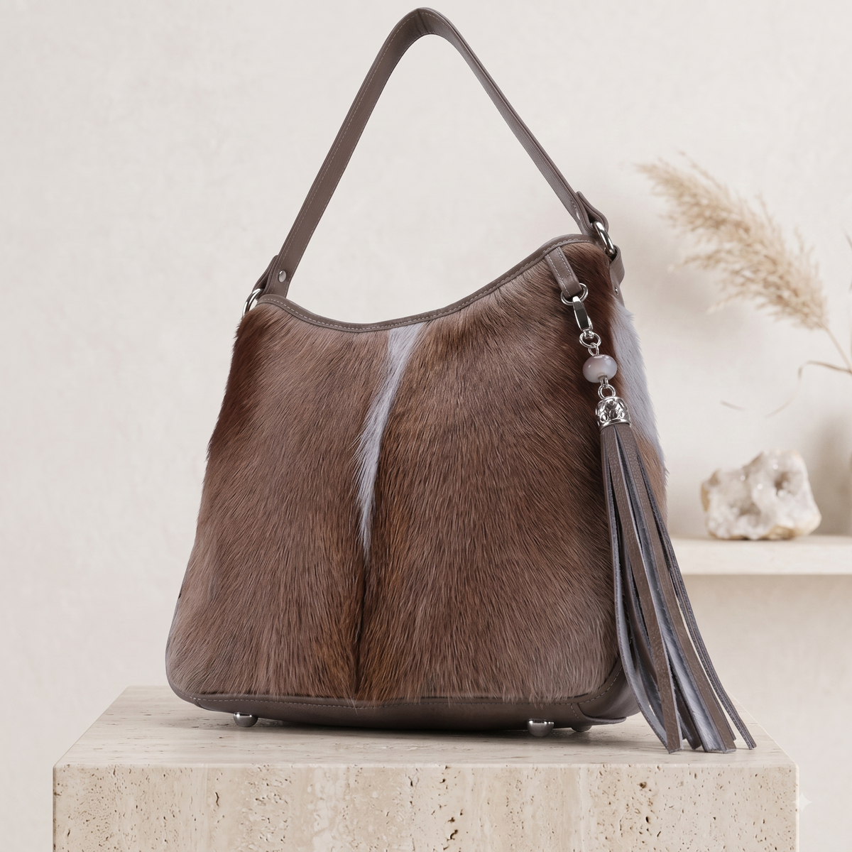 Natural Taupe Brown Hair-On Cowhide Leather Shoulder Bag