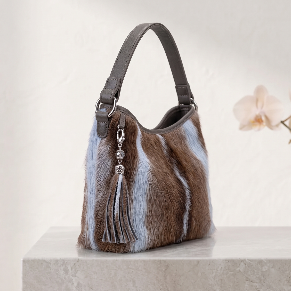 Natural Taupe Brown Hair-On Cowhide Leather Shoulder Bag