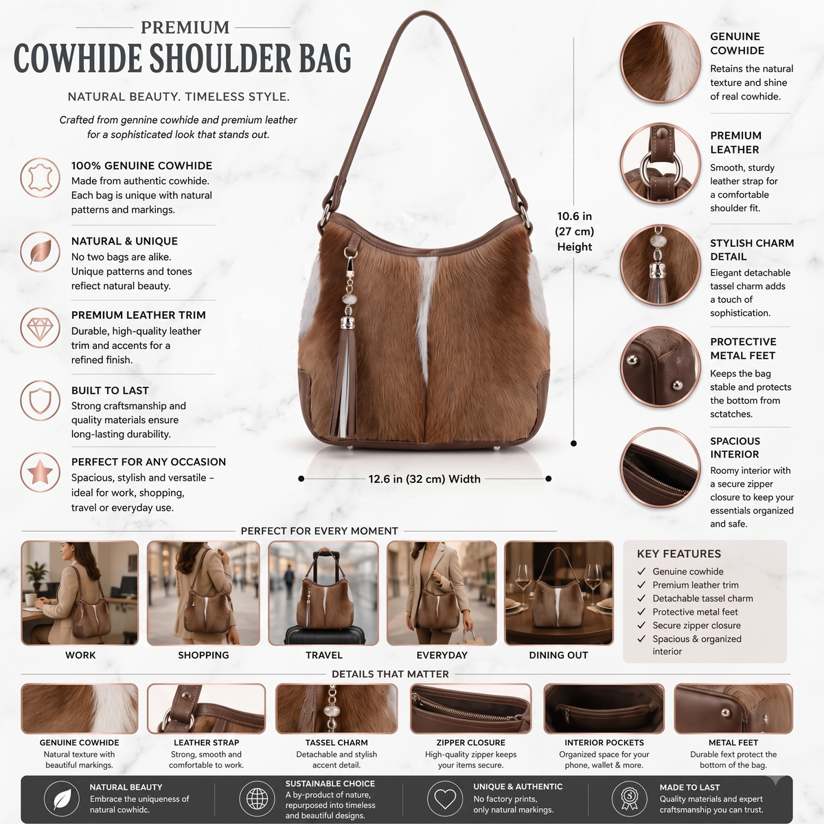 Natural Taupe Brown Hair-On Cowhide Leather Shoulder Bag