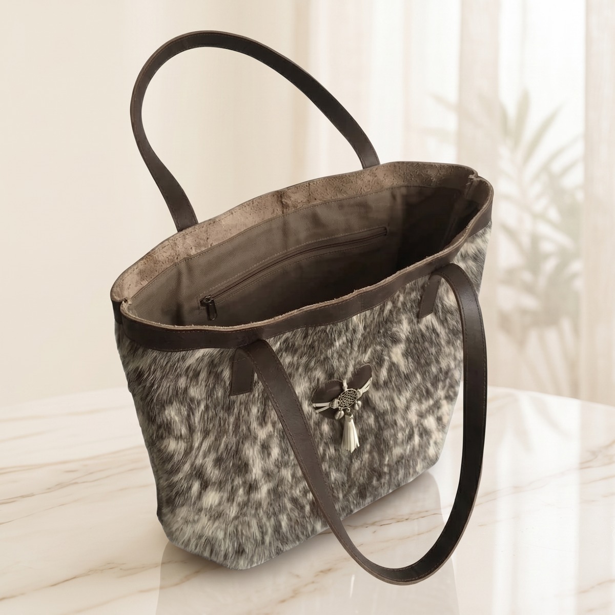 Natural Grey Black Speckled Hair-On Cowhide Leather Bag
