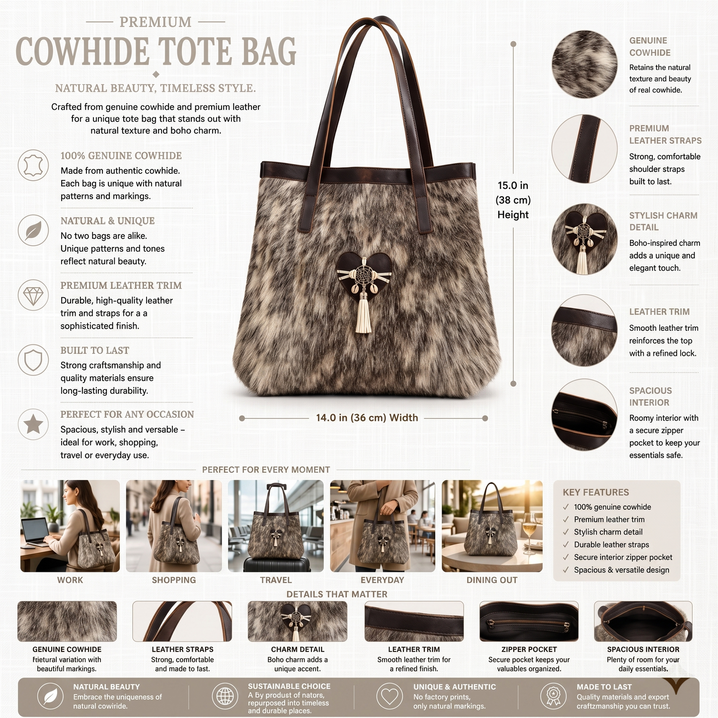 Natural Grey Black Speckled Hair-On Cowhide Leather Bag