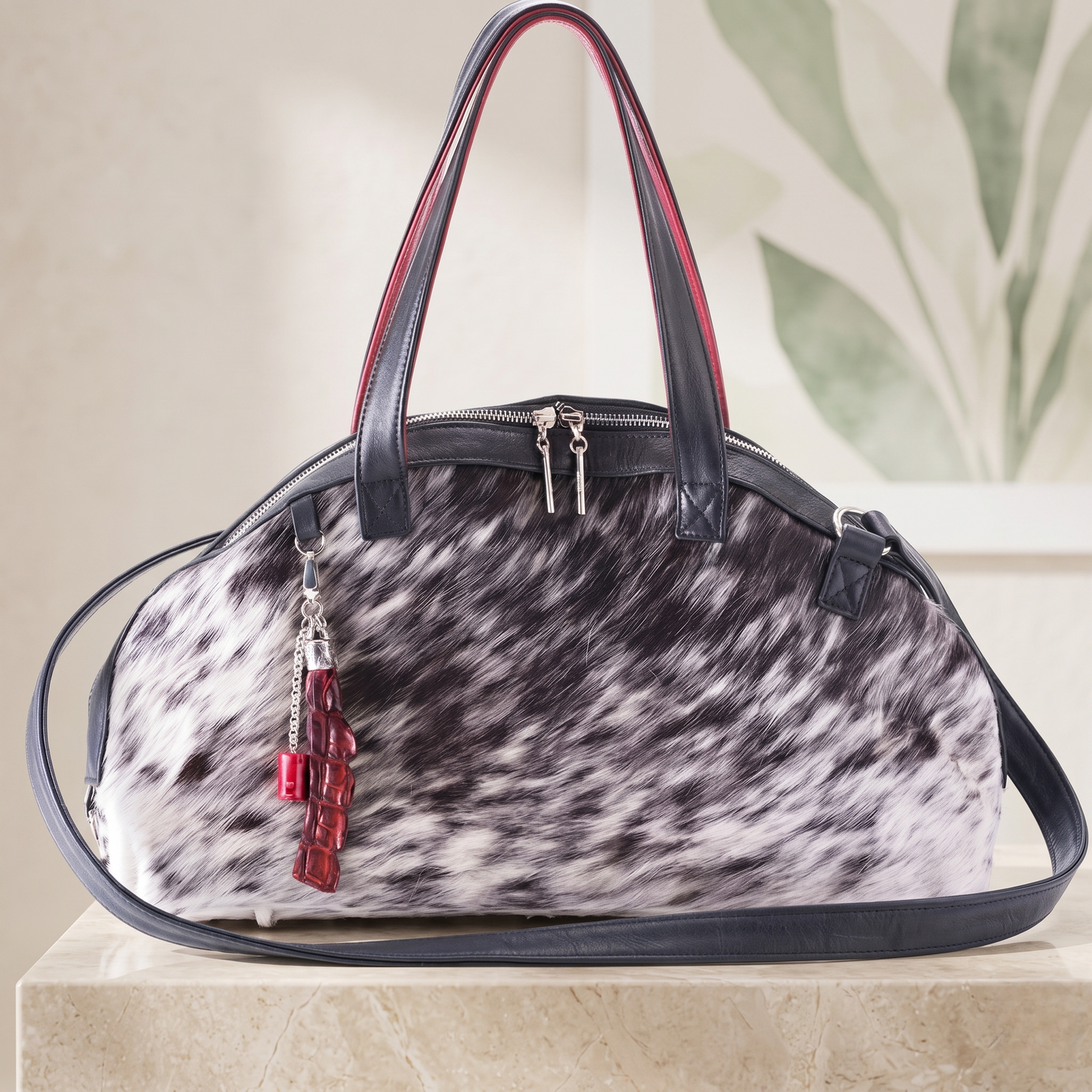 Natural Grey & Black Speckled Hair-On Cowhide Leather Bowling Bag