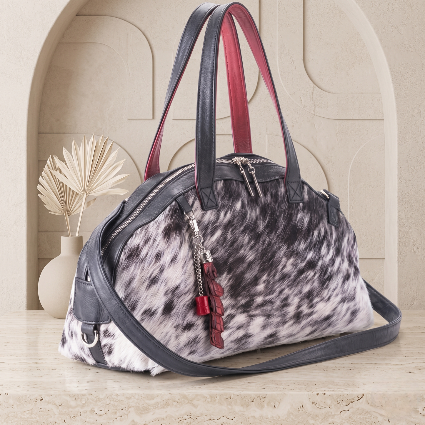 Natural Grey & Black Speckled Hair-On Cowhide Leather Bowling Bag