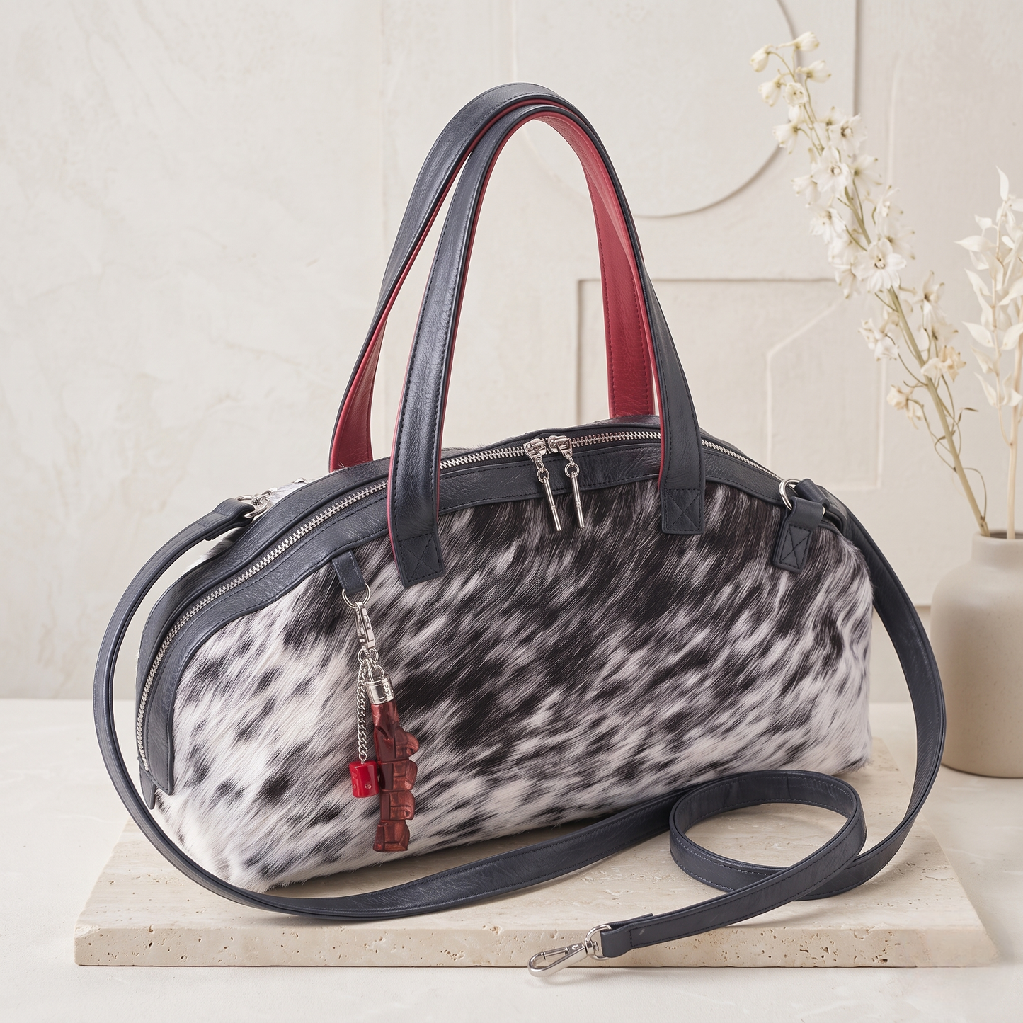 Natural Grey & Black Speckled Hair-On Cowhide Leather Bowling Bag