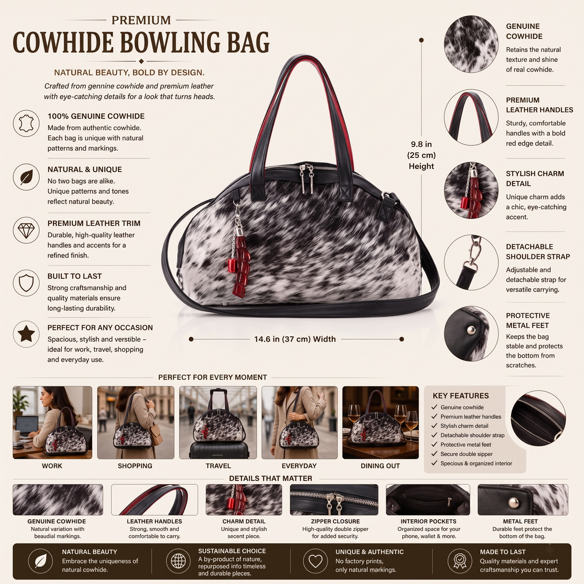 Natural Grey & Black Speckled Hair-On Cowhide Leather Bowling Bag