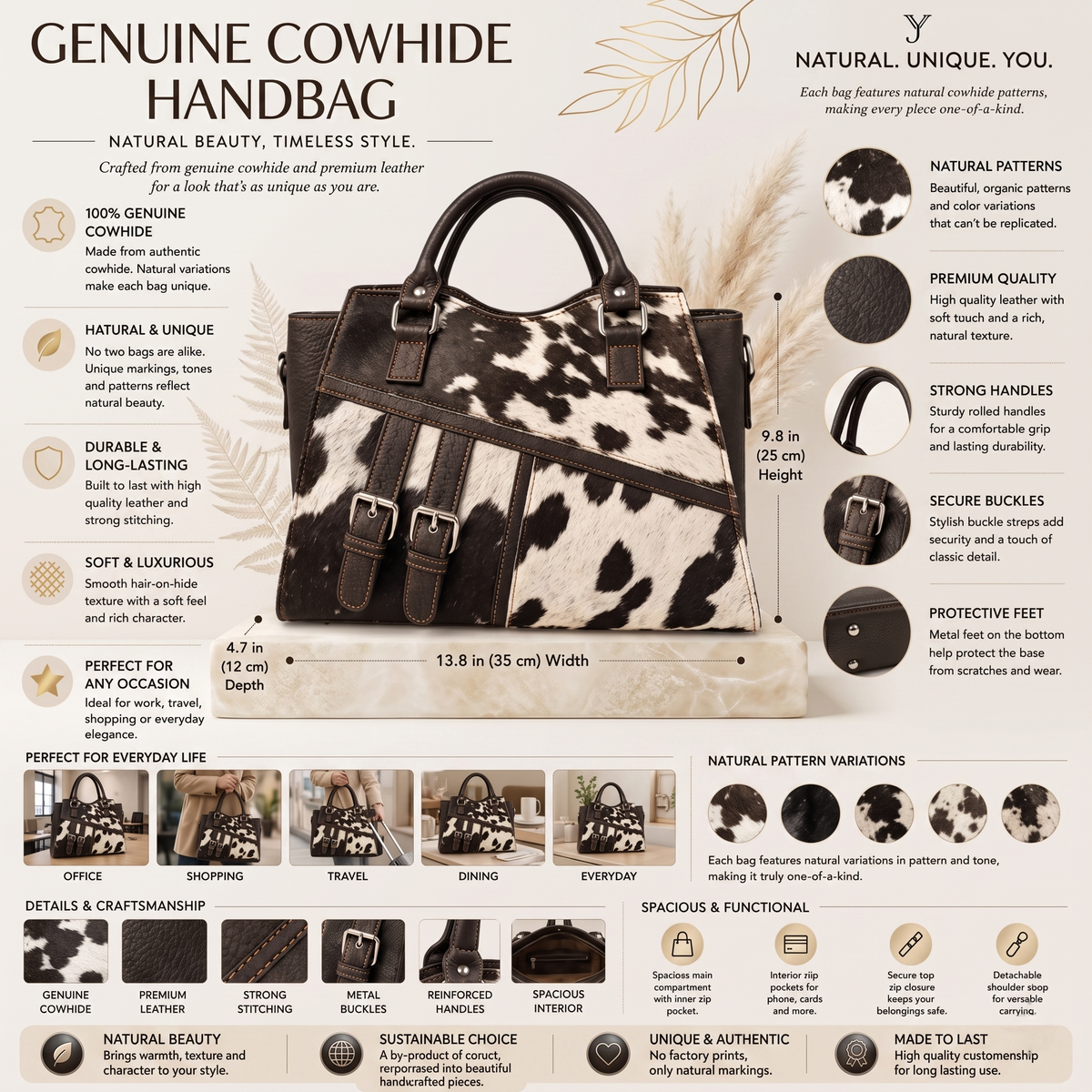 Natural Black & Cream Speckled Hair-On Cowhide Leather Handbag