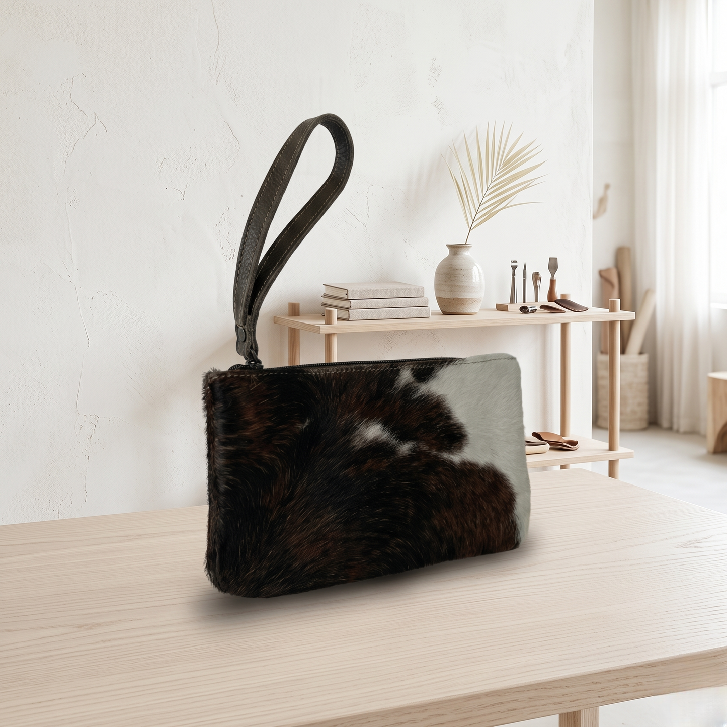 Natural Black & White Hair-On Cowhide Leather Wristlet Bag