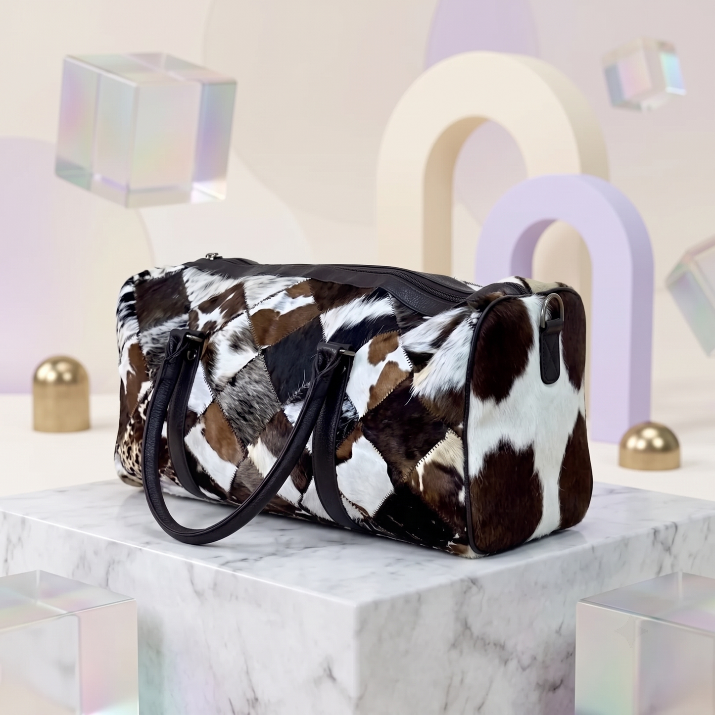 Natural Black & White Diamond Patchwork Hair-On Cowhide Leather Bag