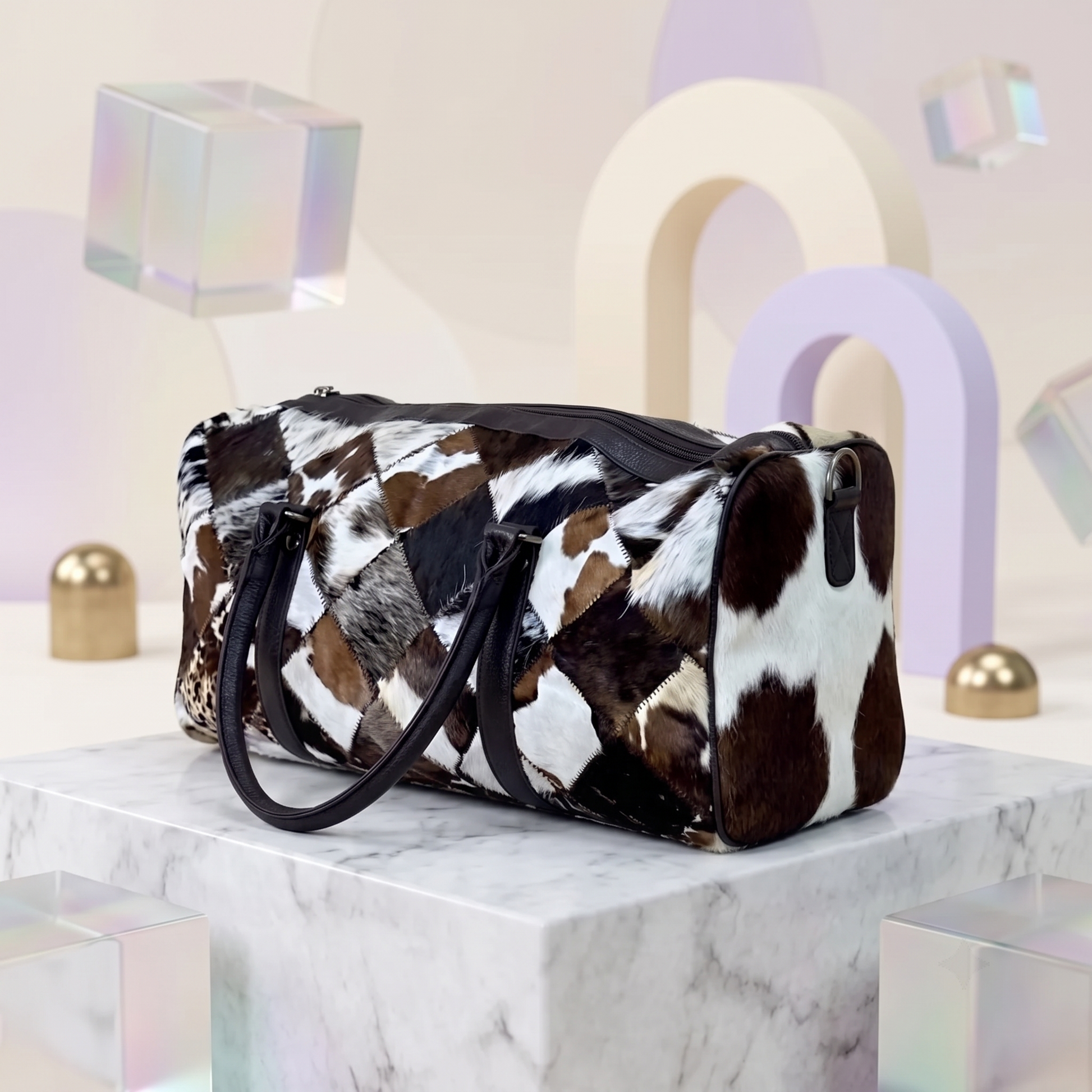 Natural Black & White Diamond Patchwork Hair-On Cowhide Leather Bag