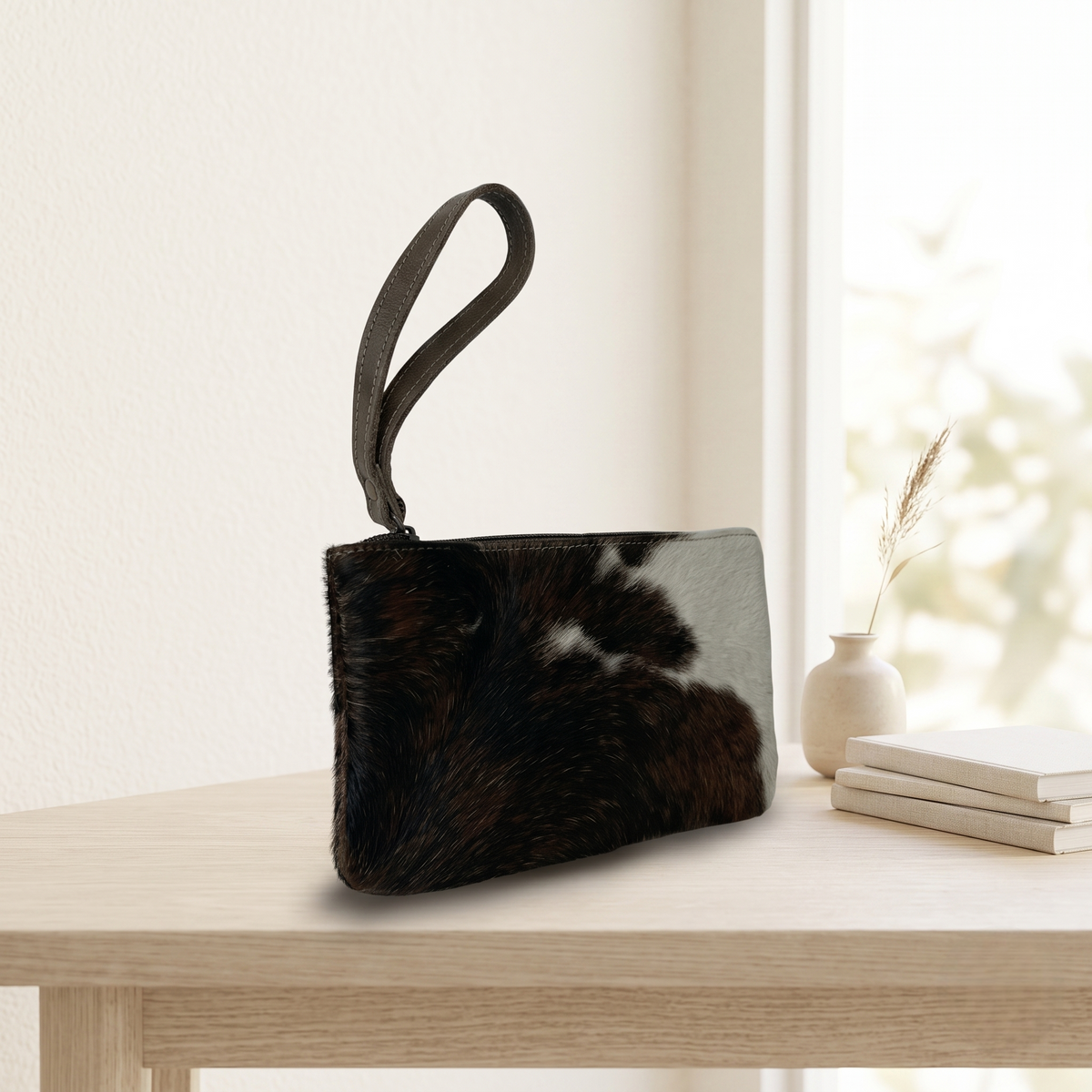 Natural Black & White Hair-On Cowhide Leather Wristlet Bag