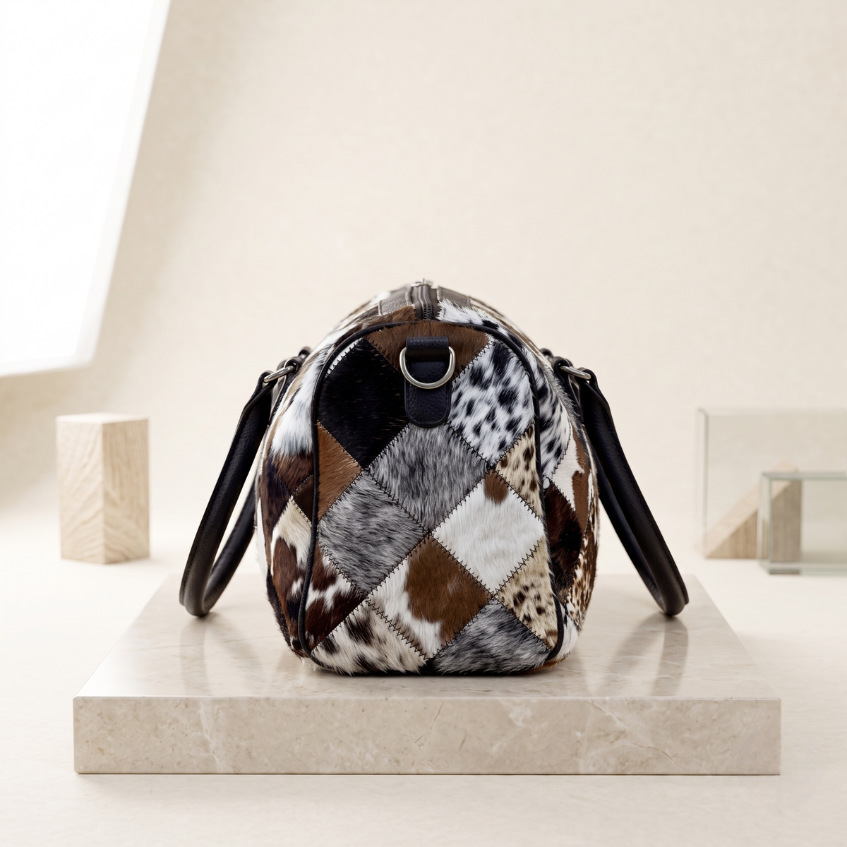 Natural Black & White Diamond Patchwork Hair-On Cowhide Leather Bag