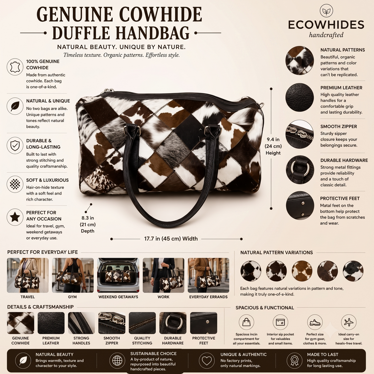 Natural Black & White Diamond Patchwork Hair-On Cowhide Leather Bag