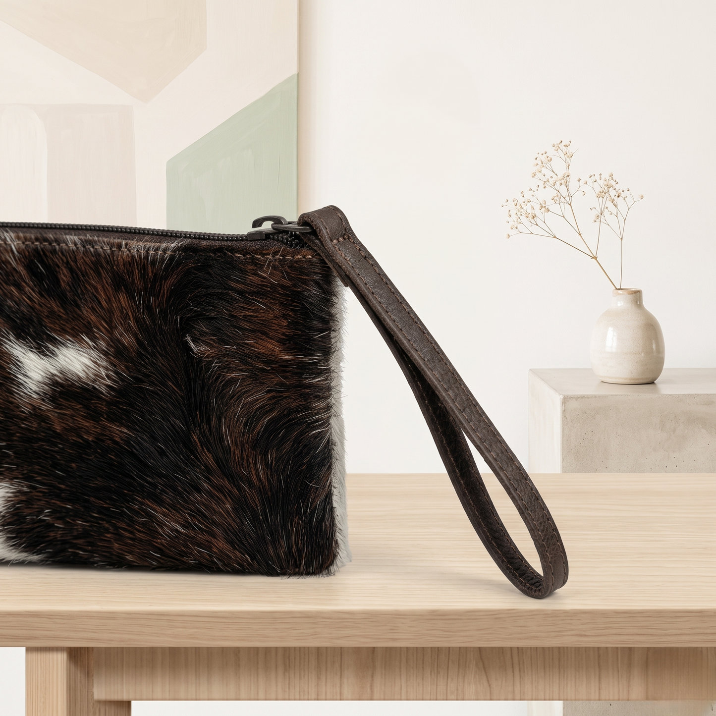 Natural Black & White Hair-On Cowhide Leather Wristlet Bag