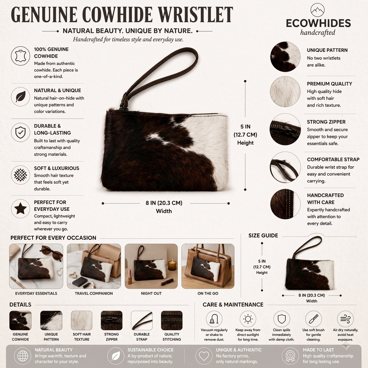 Natural Black & White Hair-On Cowhide Leather Wristlet Bag