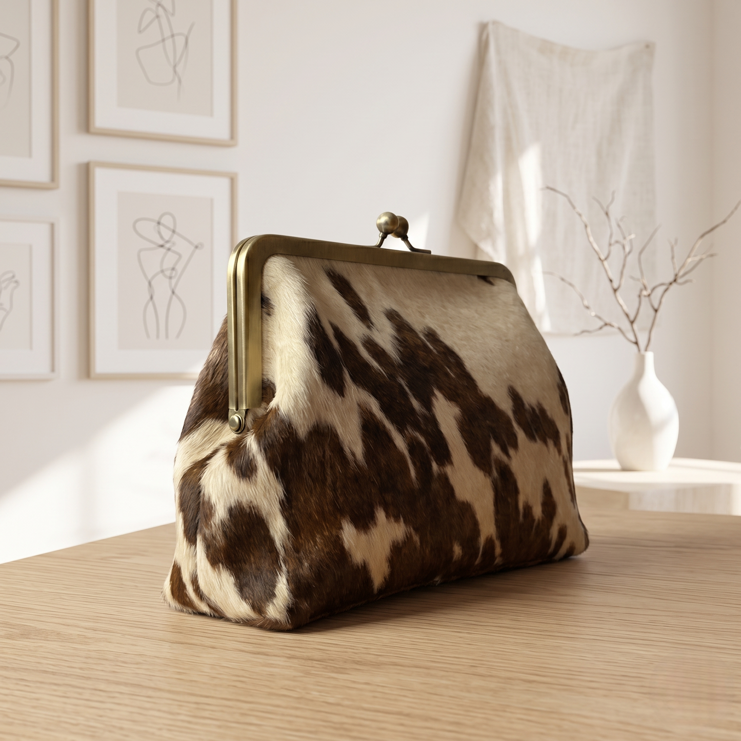 Genuine Cowhide Hair-on Leather Clasp Bag - Vintage Antique Brass Kiss-Lock Clutch, Natural Brown & White Speckled Western Handbag