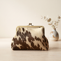 Genuine Cowhide Hair-on Leather Clasp Bag - Vintage Antique Brass Kiss-Lock Clutch, Natural Brown & White Speckled Western Handbag