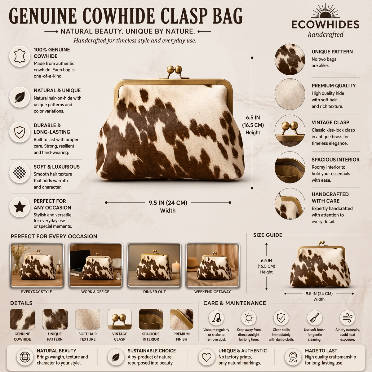 Genuine Cowhide Hair-on Leather Clasp Bag - Vintage Antique Brass Kiss-Lock Clutch, Natural Brown & White Speckled Western Handbag
