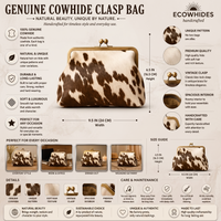 Genuine Cowhide Hair-on Leather Clasp Bag - Vintage Antique Brass Kiss-Lock Clutch, Natural Brown & White Speckled Western Handbag