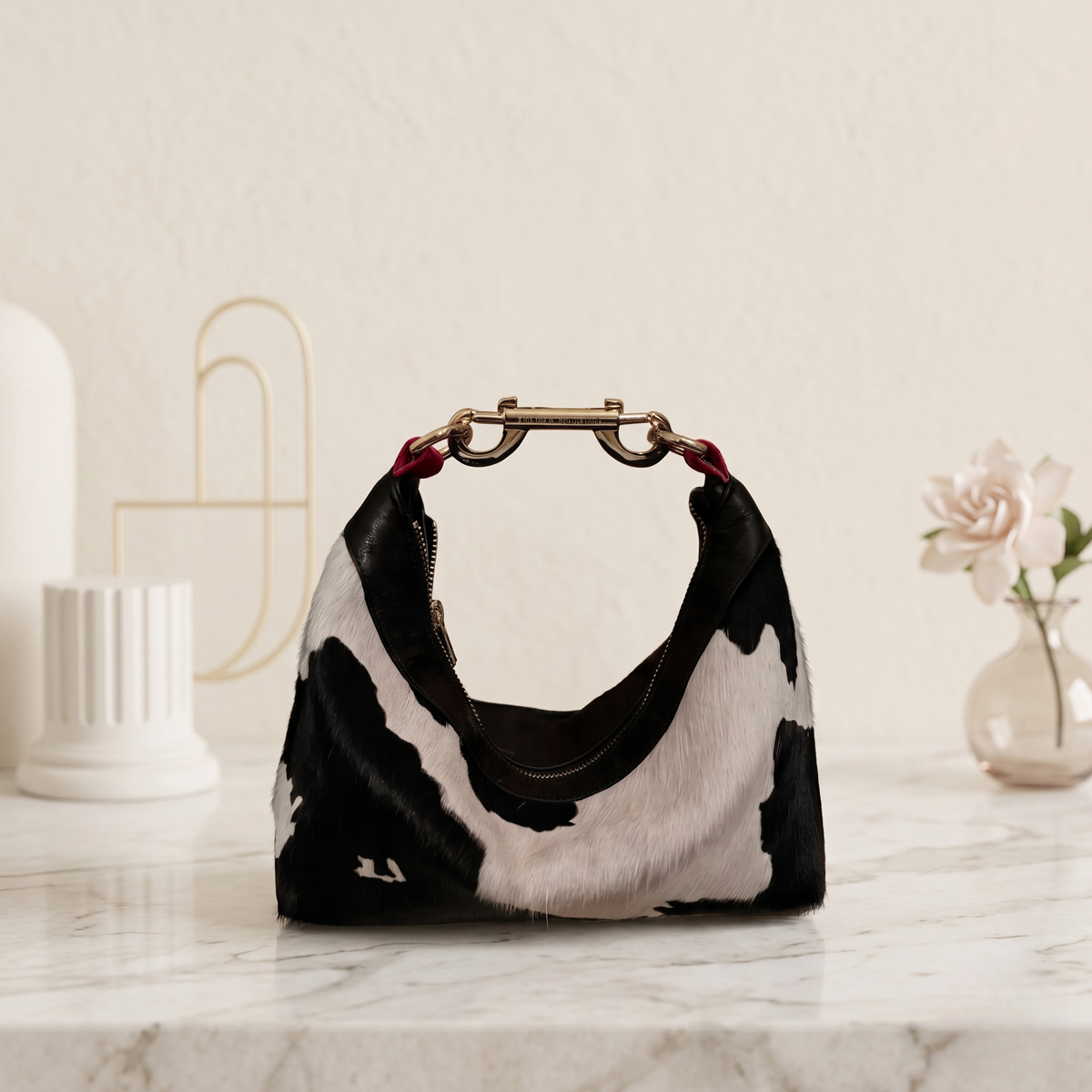 Genuine Hair-On Cowhide Leather Hobo Bag – Natural Black, White & Bold Pink Accents