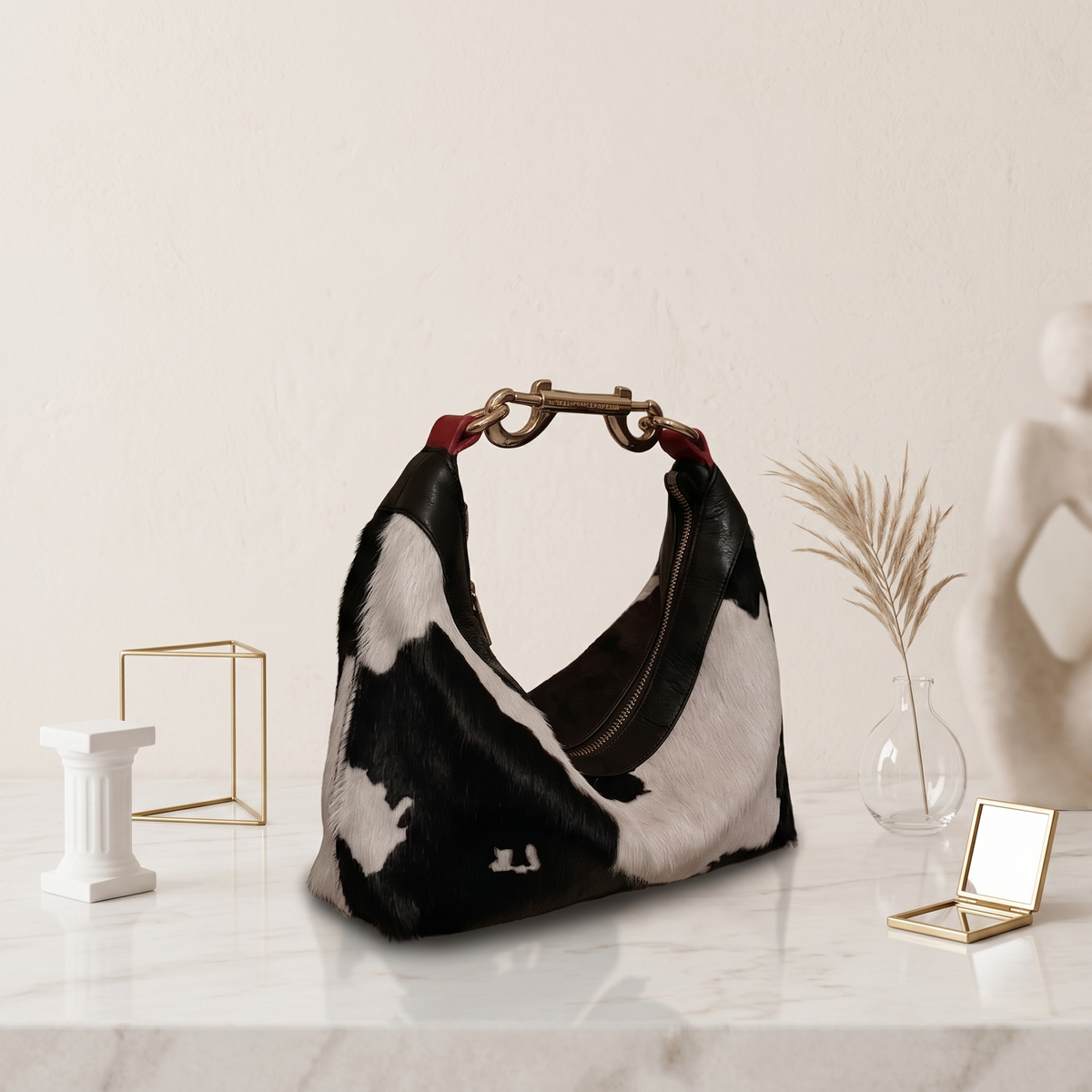 Genuine Hair-On Cowhide Leather Hobo Bag – Natural Black, White & Bold Pink Accents