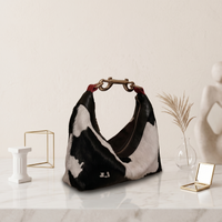 Genuine Hair-On Cowhide Leather Hobo Bag – Natural Black, White & Bold Pink Accents