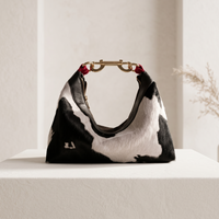 Genuine Hair-On Cowhide Leather Hobo Bag – Natural Black, White & Bold Pink Accents