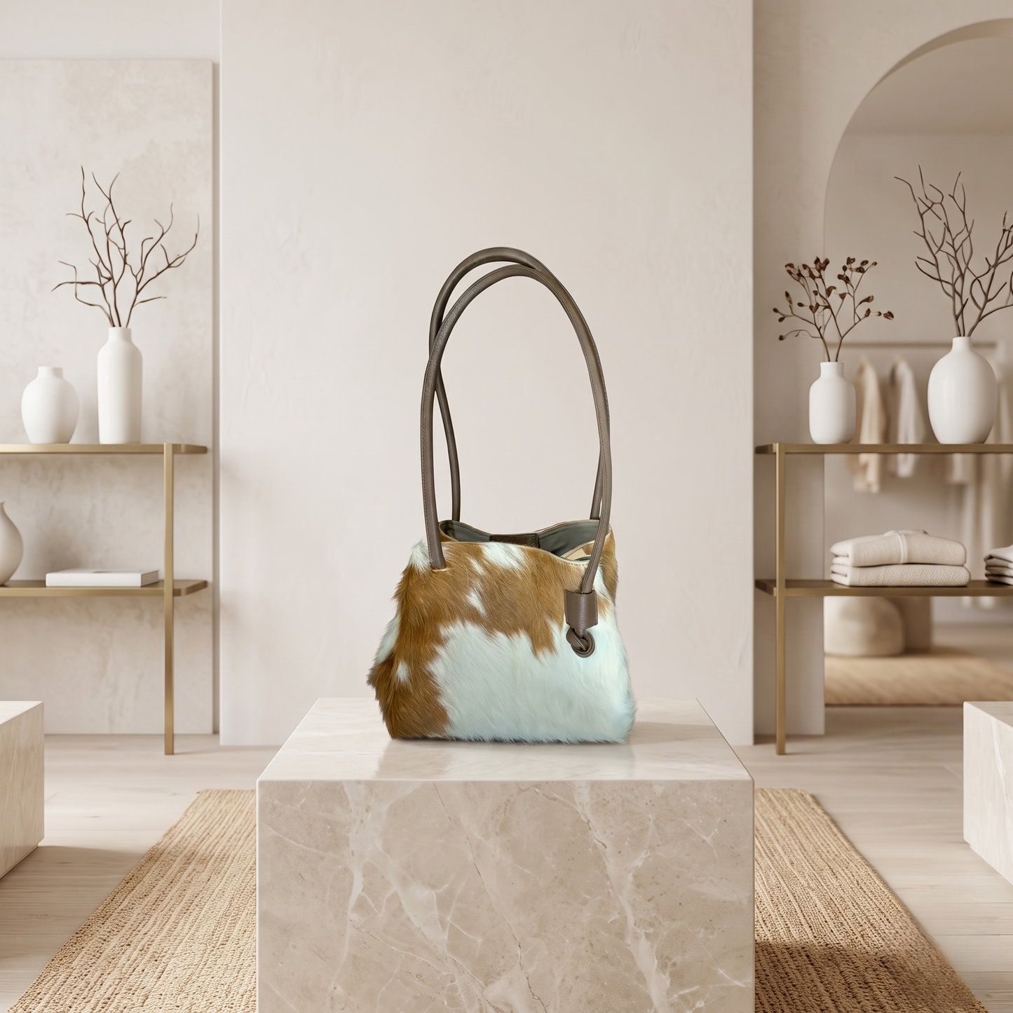 Genuine Tan Brown & White Hair-On Cowhide Leather Shoulder Bag | Handcrafted Western Luxury Tote