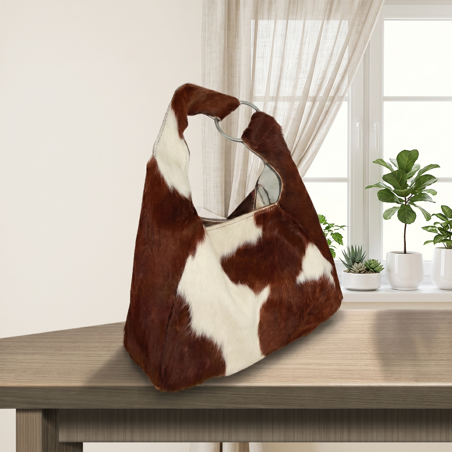 Handcrafted Genuine Hair-On Cowhide Leather Hobo Bag – Natural Brown & White