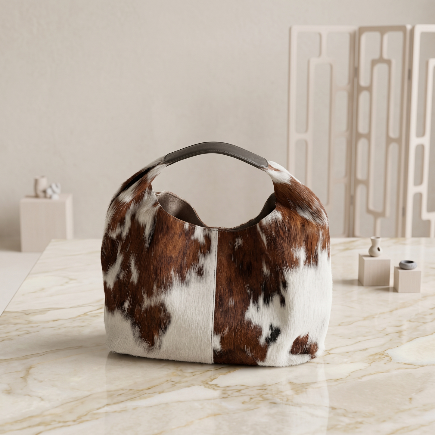 Natural Brown & White Hair-On Cowhide Leather Shoulder Bag