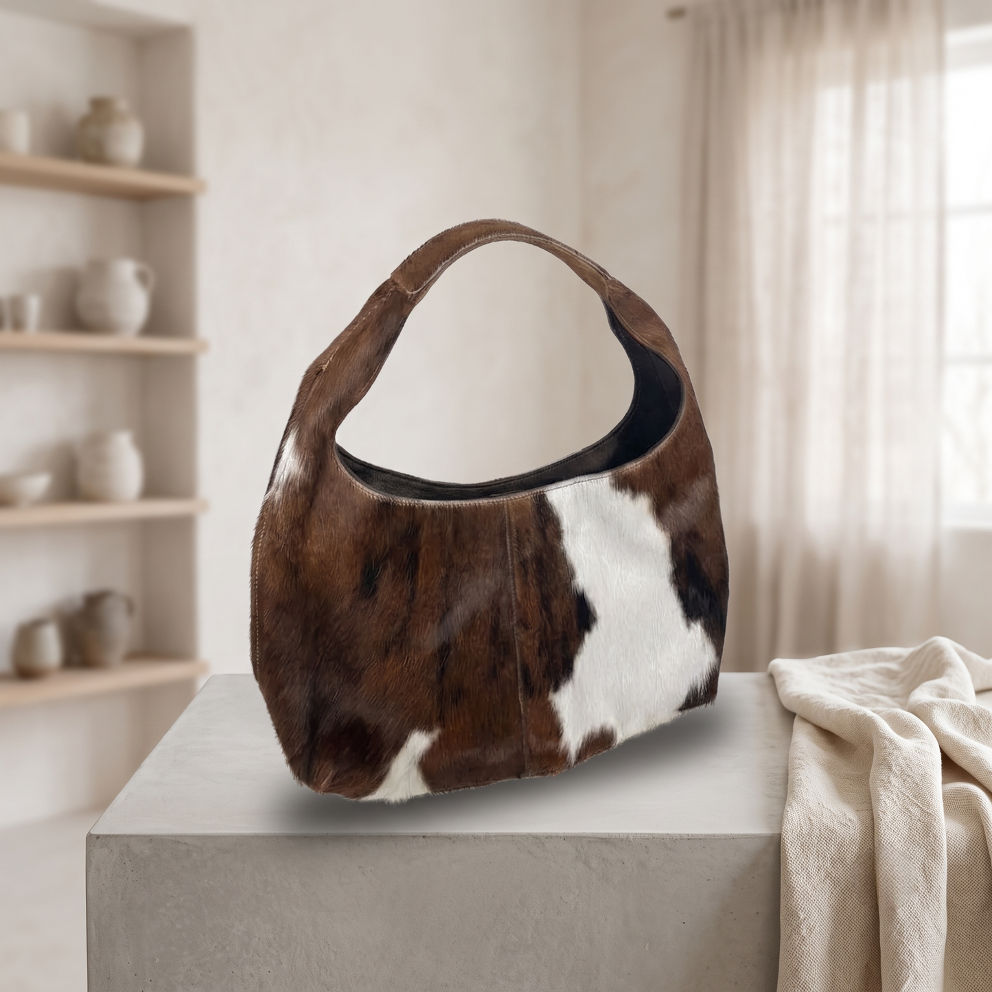 Genuine Natural Brown & White Hair-On Cowhide Leather Bag – Handcrafted Western Shoulder Hobo Purse