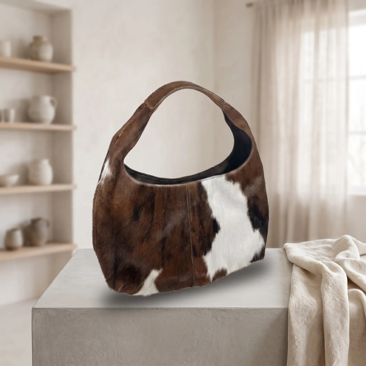 Genuine Natural Brown & White Hair-On Cowhide Leather Bag – Handcrafted Western Shoulder Hobo Purse