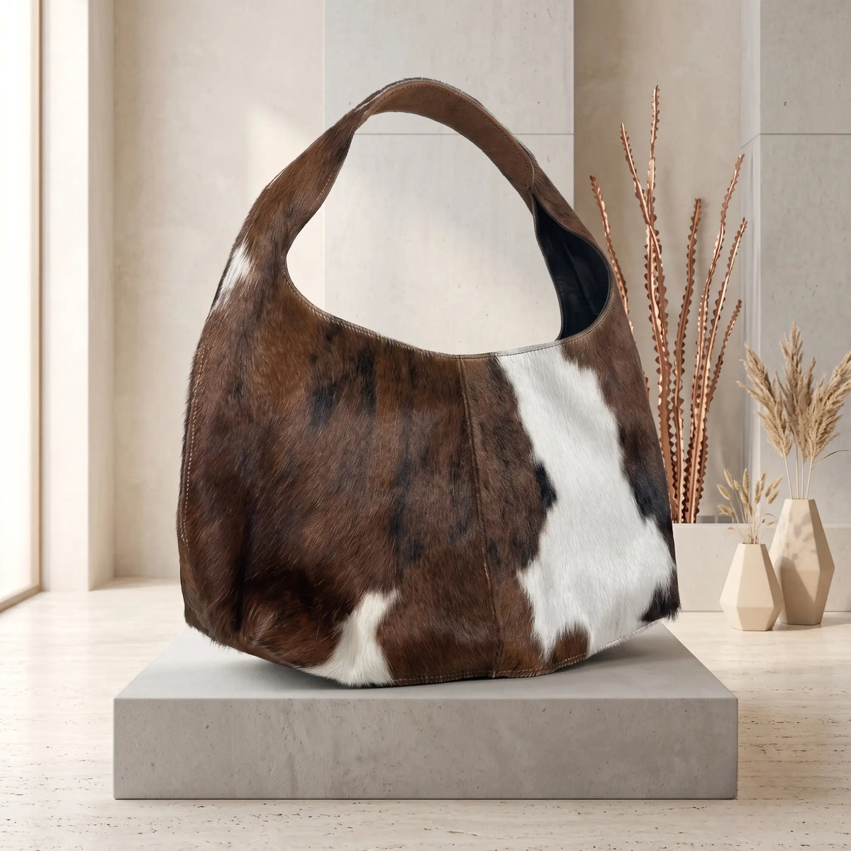 Genuine Natural Brown & White Hair-On Cowhide Leather Bag – Handcrafted Western Shoulder Hobo Purse