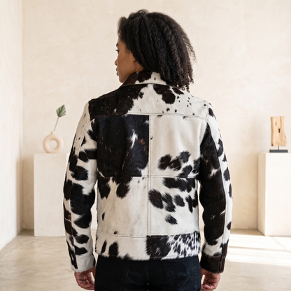 Men's Hair-On Cowhide Leather Jacket Western Black White Contrast Trim Coat S-5XL