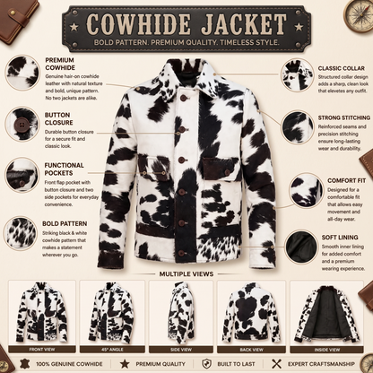 Men's Hair-On Cowhide Leather Jacket Western Black White Contrast Trim Coat S-5XL