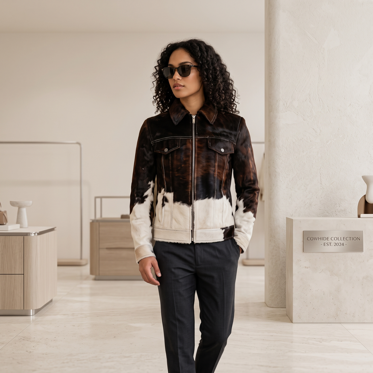 Western Cowhide Leather Jacket Brown White Hair-On Color-Block Full-Zip Trucker Jacket