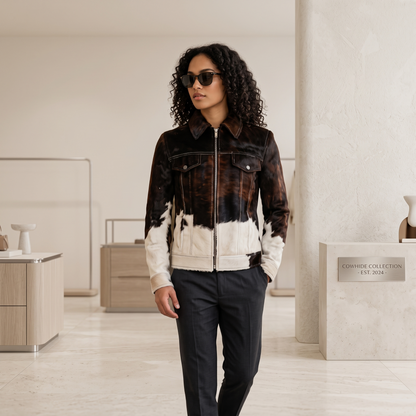 Western Cowhide Leather Jacket Brown White Hair-On Color-Block Full-Zip Trucker Jacket