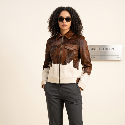 Western Cowhide Leather Jacket Brown White Hair-On Color-Block Full-Zip Trucker Jacket