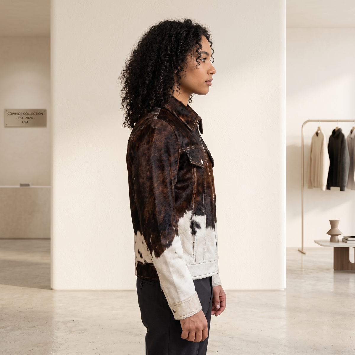 Western Cowhide Leather Jacket Brown White Hair-On Color-Block Full-Zip Trucker Jacket