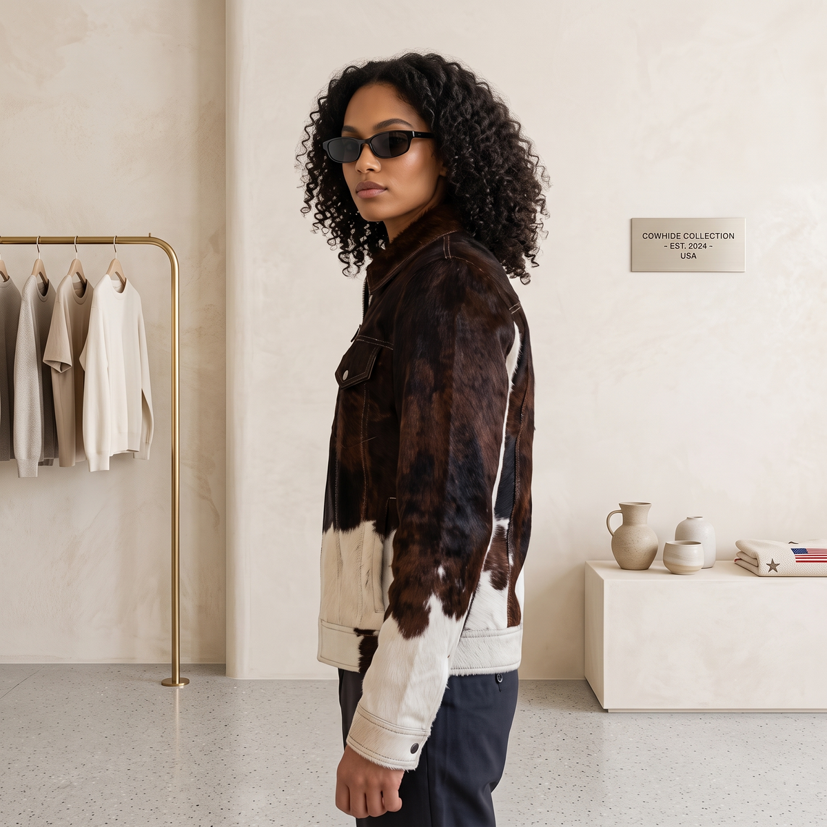 Western Cowhide Leather Jacket Brown White Hair-On Color-Block Full-Zip Trucker Jacket