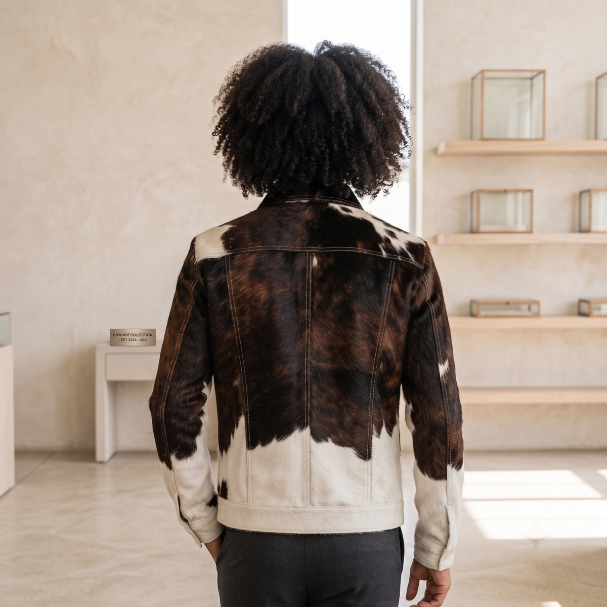 Western Cowhide Leather Jacket Brown White Hair-On Color-Block Full-Zip Trucker Jacket