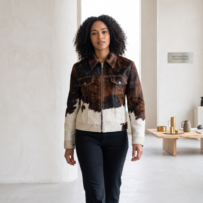 Western Cowhide Leather Jacket Brown White Hair-On Color-Block Full-Zip Trucker Jacket