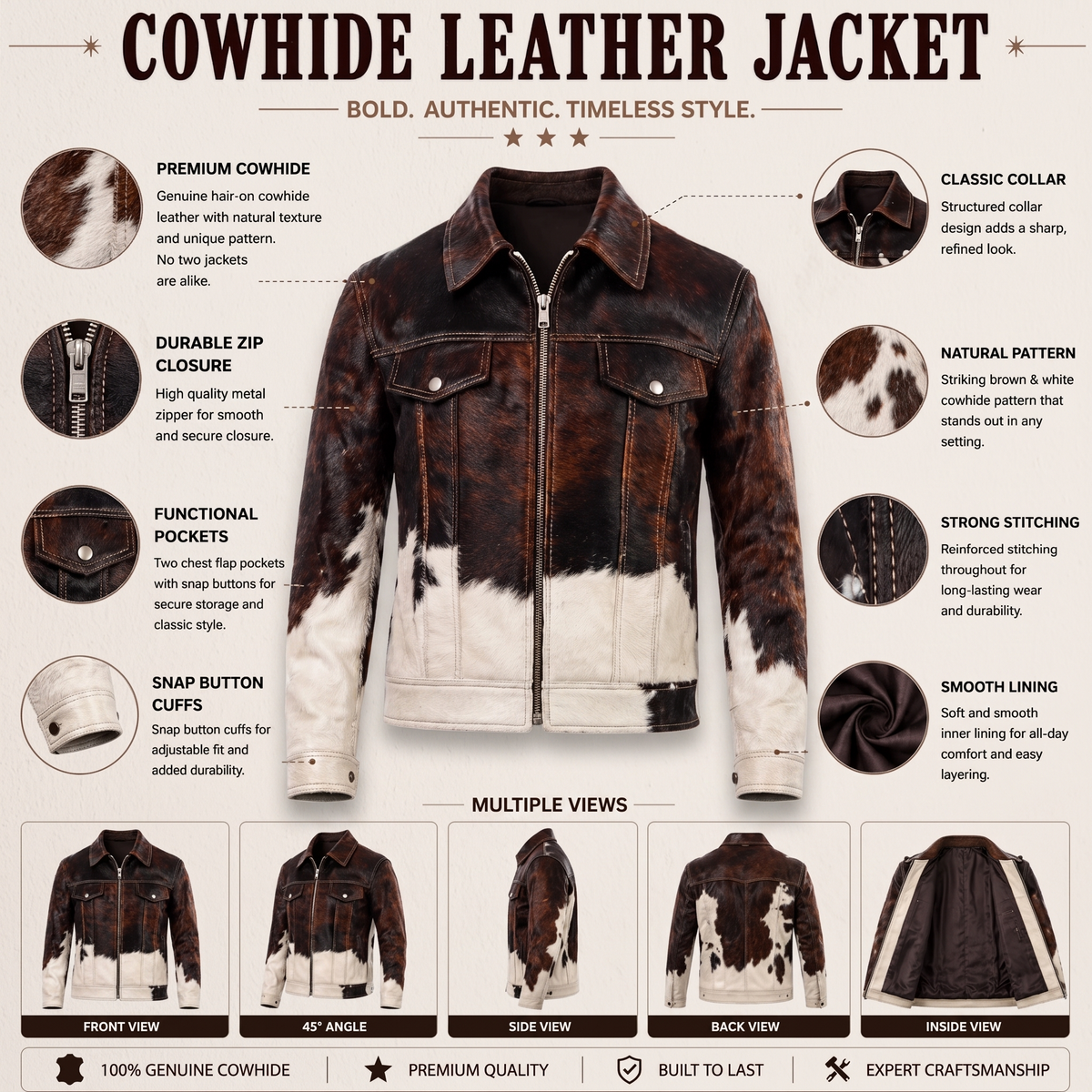 Western Cowhide Leather Jacket Brown White Hair-On Color-Block Full-Zip Trucker Jacket