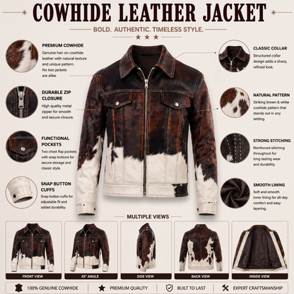 Western Cowhide Leather Jacket Brown White Hair-On Color-Block Full-Zip Trucker Jacket