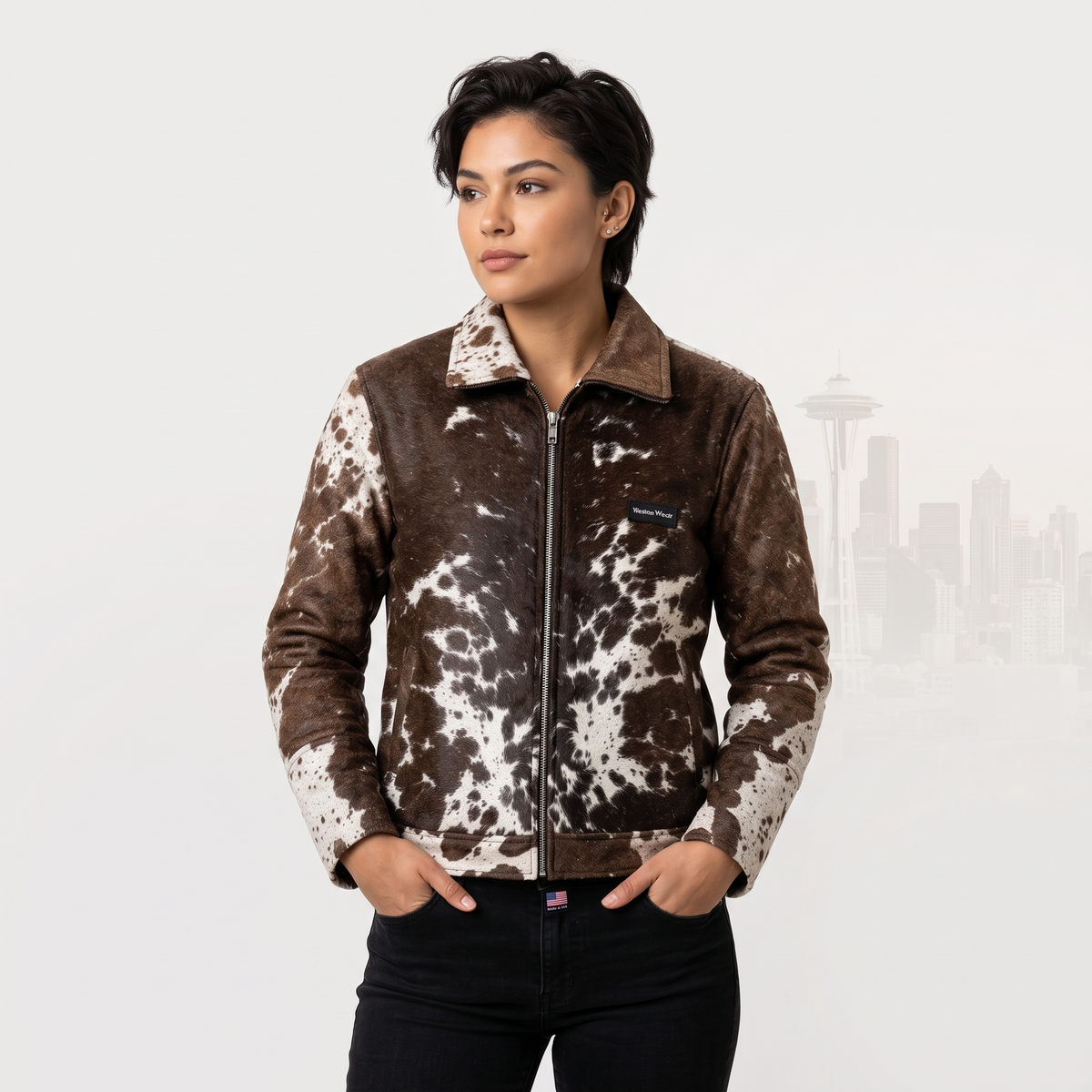 Brown & White Hair-On Cowhide Leather Zip Jacket Genuine Western Outerwear