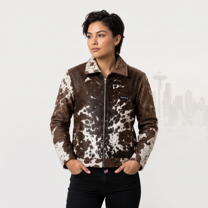 Brown & White Hair-On Cowhide Leather Zip Jacket Genuine Western Outerwear